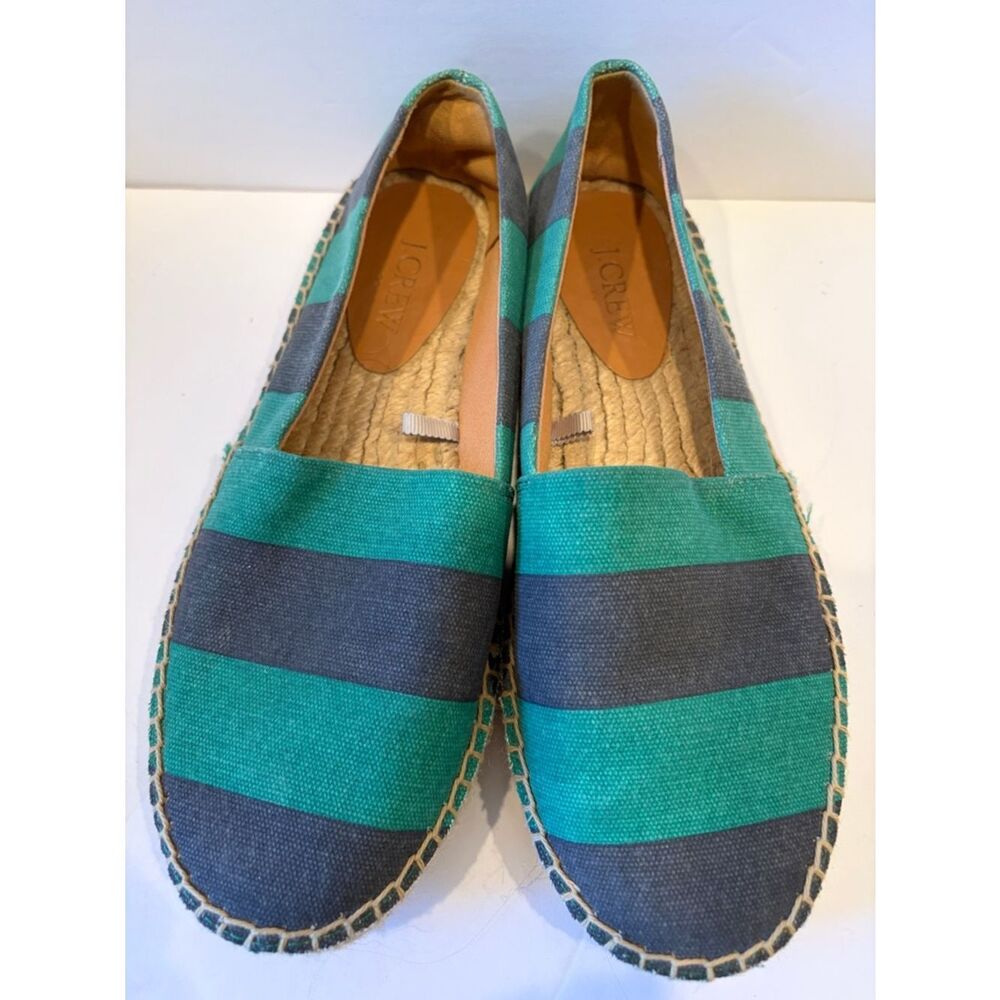 J. Crew Teal and Gray Striped Canvas Espadrilles